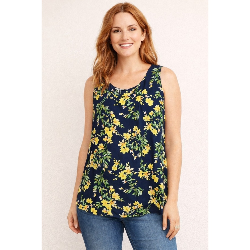 PIONEER WOMAN XL Navy Yellow Floral Sleeveless Blouse Tank Top -3062